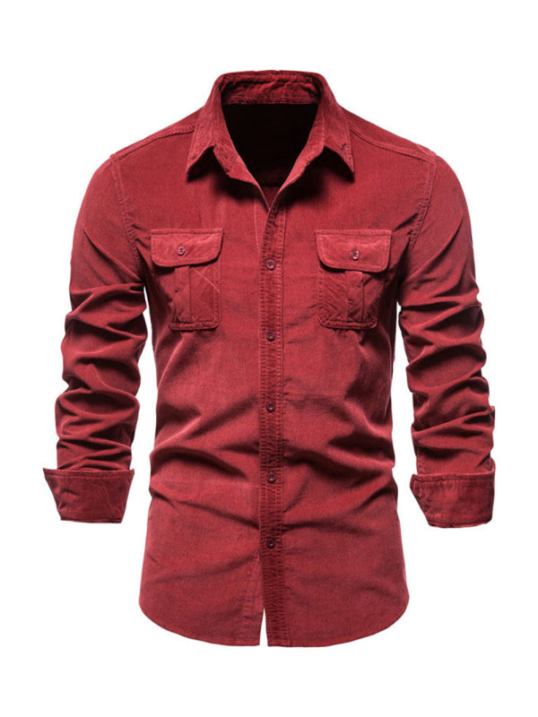 Camisa casual de manga larga slim fit de pana para hombre