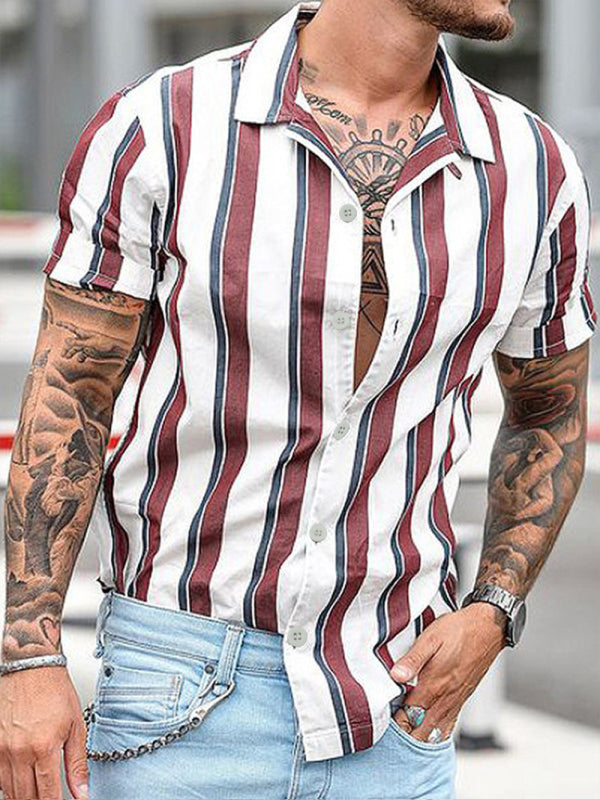 Cárdigan casual de camisa de solapa de manga corta para jóvenes de algodón con solapa ajustada a rayas