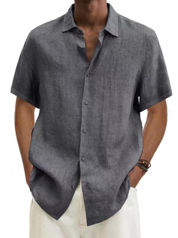 Men's Solid Color Linen Short Sleeve Button-down Shirt