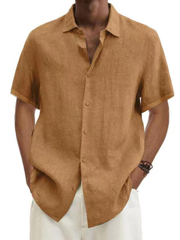 Men's Solid Color Linen Short Sleeve Button-down Shirt