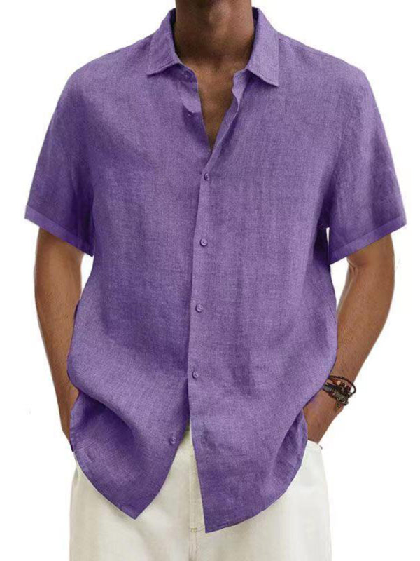 Men's Solid Color Linen Short Sleeve Button-down Shirt