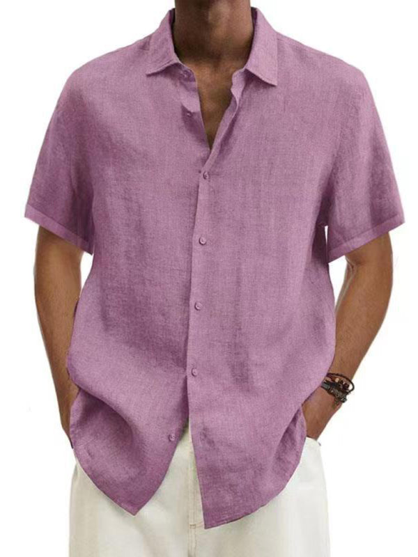 Men's Solid Color Linen Short Sleeve Button-down Shirt
