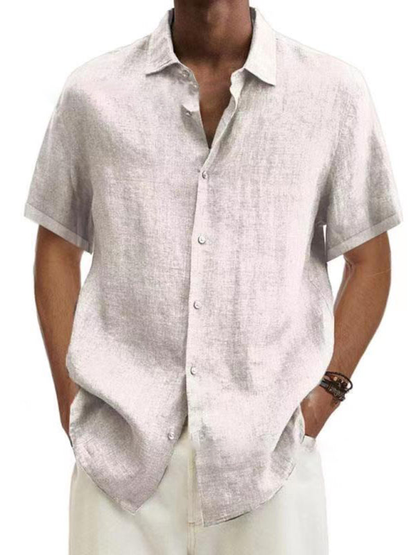 Men's Solid Color Linen Short Sleeve Button-down Shirt
