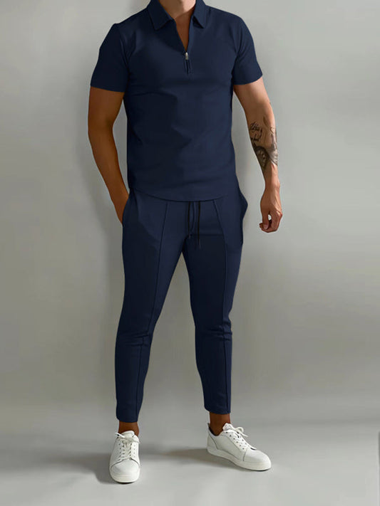 Traje de dos piezas de camisa POLO de manga corta con solapa de color liso para hombre y pantalón
