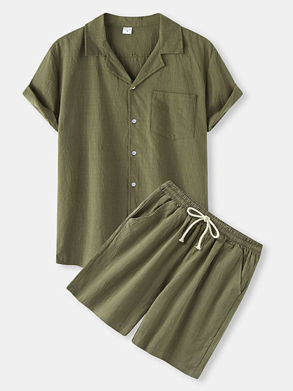 Men's Solid Color Linen Short Sleeve With Matching Shorts Pajamas