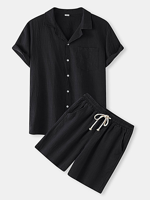 Men's Solid Color Linen Short Sleeve With Matching Shorts Pajamas