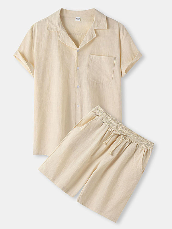 Men's Solid Color Linen Short Sleeve With Matching Shorts Pajamas