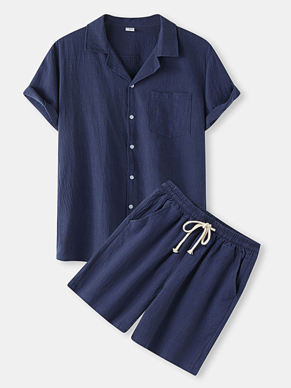 Men's Solid Color Linen Short Sleeve With Matching Shorts Pajamas