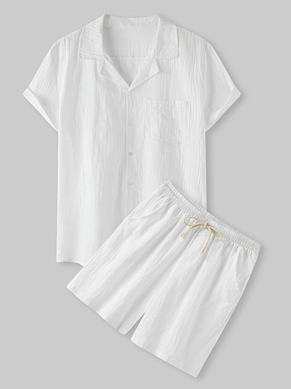 Men's Solid Color Linen Short Sleeve With Matching Shorts Pajamas