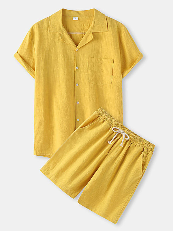 Men's Solid Color Linen Short Sleeve With Matching Shorts Pajamas