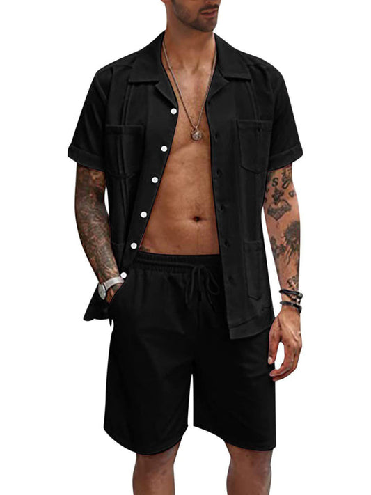 Conjunto de camisa de hombre casual suelta de lino de pantalones cortos de manga corta de deportes simples