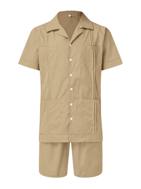 Conjunto de camisa de hombre casual suelta de lino de pantalones cortos de manga corta de deportes simples