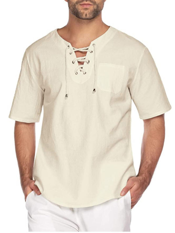 Nueva camiseta de manga corta para hombre, de algodón y lino, con cuello anudado, informal, para hombre