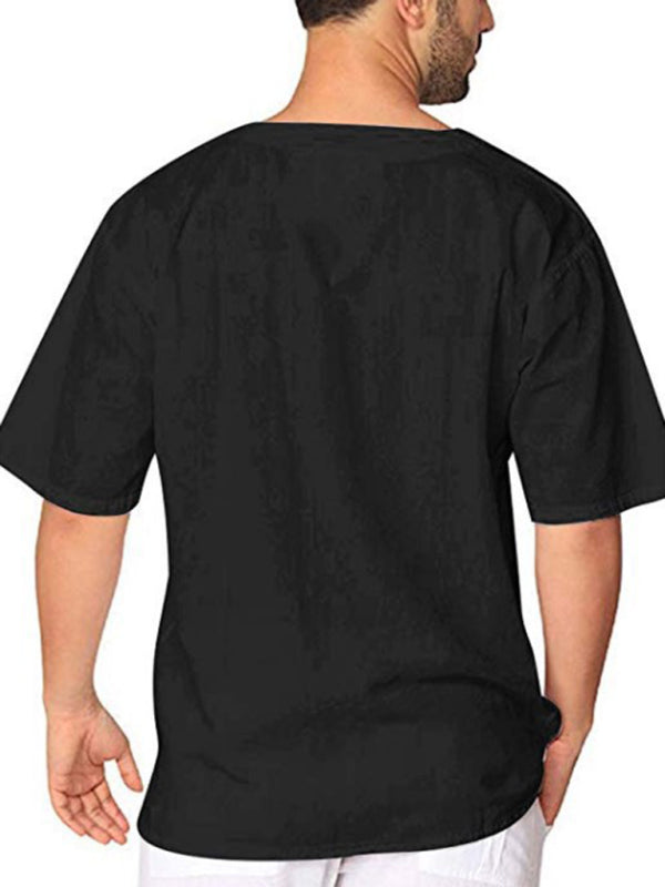 Nueva camiseta de manga corta para hombre, de algodón y lino, con cuello anudado, informal, para hombre