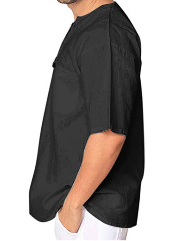 Nueva camiseta de manga corta para hombre, de algodón y lino, con cuello anudado, informal, para hombre