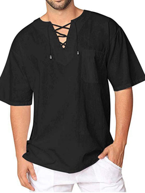 Nueva camiseta de manga corta para hombre, de algodón y lino, con cuello anudado, informal, para hombre