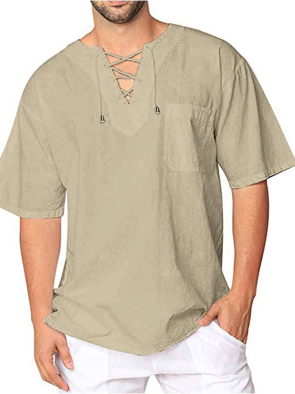 Nueva camiseta de manga corta para hombre, de algodón y lino, con cuello anudado, informal, para hombre