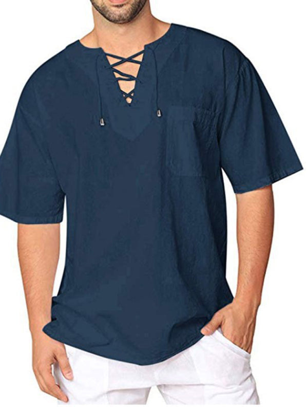 Nueva camiseta de manga corta para hombre, de algodón y lino, con cuello anudado, informal, para hombre