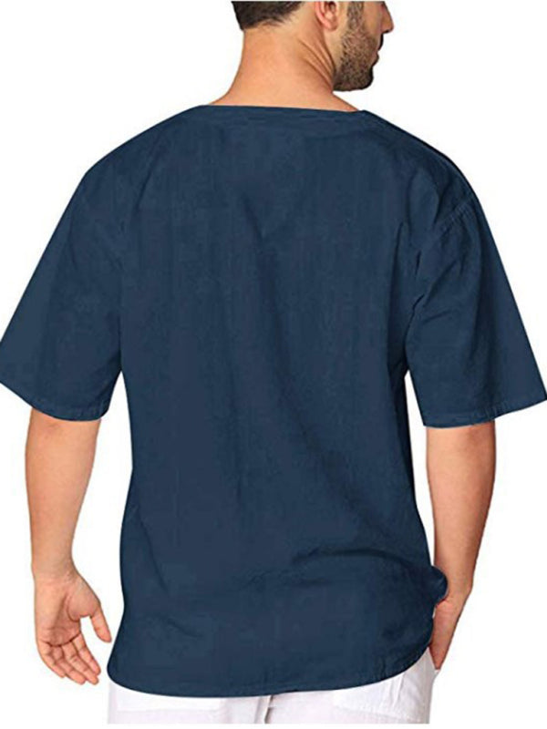 Nueva camiseta de manga corta para hombre, de algodón y lino, con cuello anudado, informal, para hombre