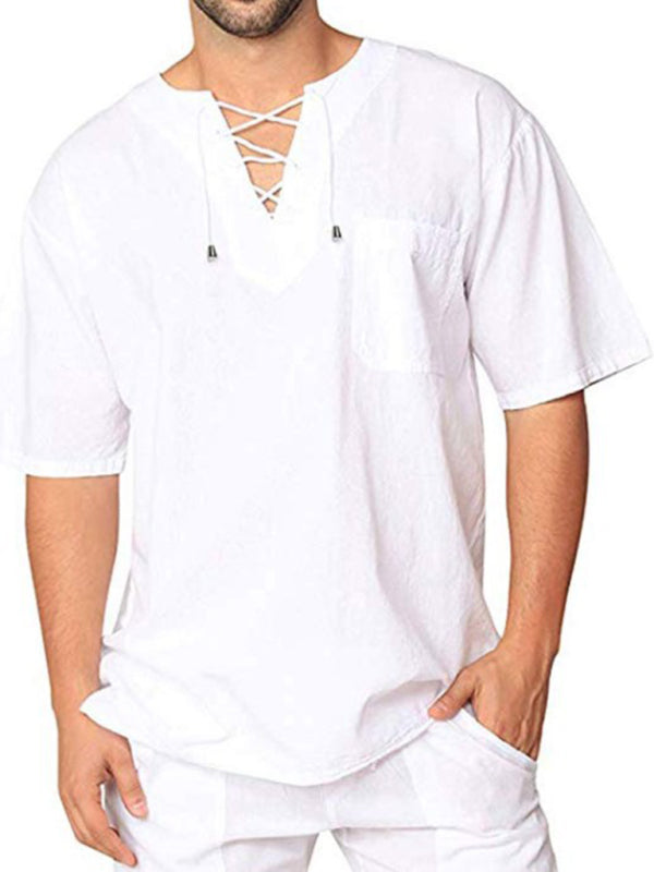 Nueva camiseta de manga corta para hombre, de algodón y lino, con cuello anudado, informal, para hombre