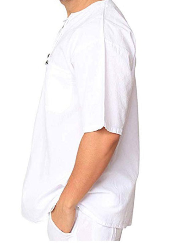 Nueva camiseta de manga corta para hombre, de algodón y lino, con cuello anudado, informal, para hombre