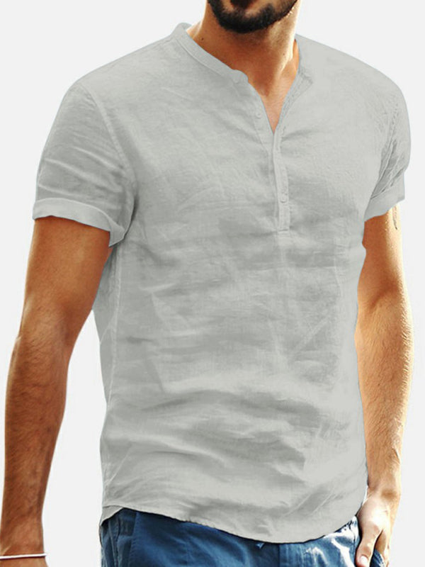 Camisa de lino y algodón con cuello alto y manga corta con escote en V para hombre