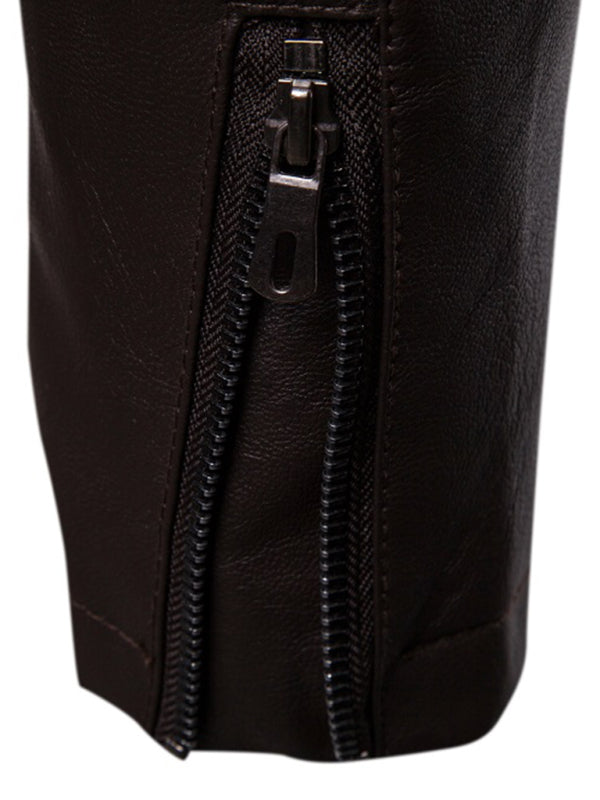 Chaqueta de cuero con cuello alto y cremallera para motocicleta para hombre