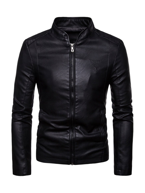 Chaqueta de cuero con cuello alto y cremallera para motocicleta para hombre