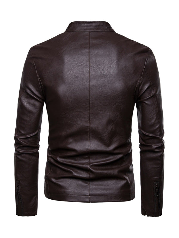 Chaqueta de cuero con cuello alto y cremallera para motocicleta para hombre