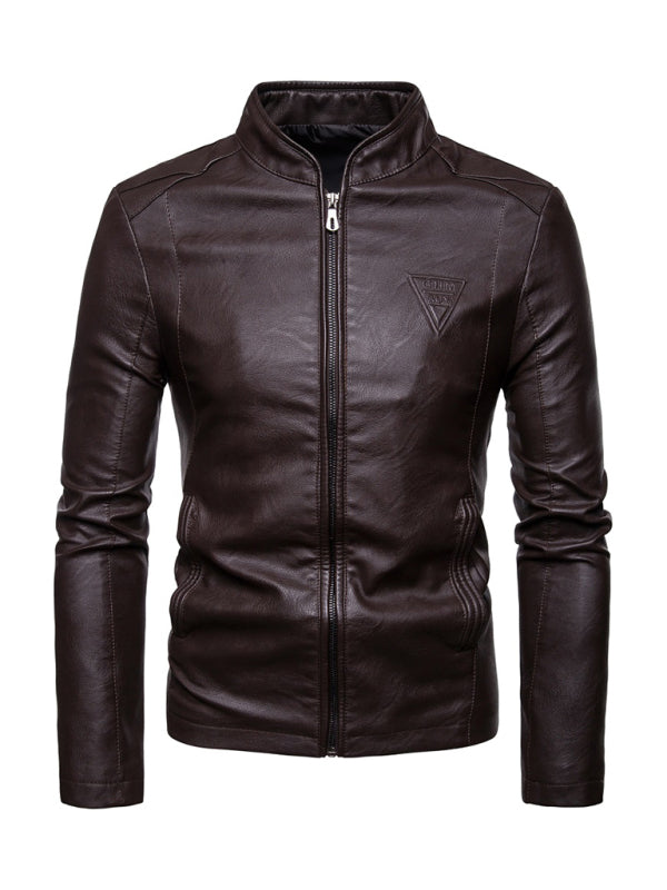 Chaqueta de cuero con cuello alto y cremallera para motocicleta para hombre