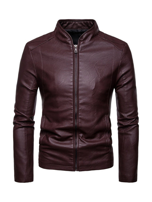 Chaqueta de cuero con cuello alto y cremallera para motocicleta para hombre