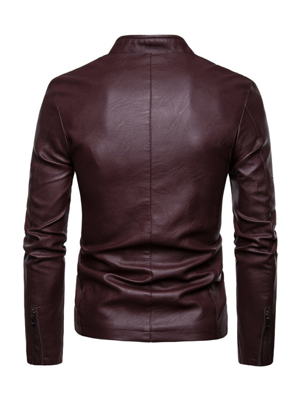 Chaqueta de cuero con cuello alto y cremallera para motocicleta para hombre