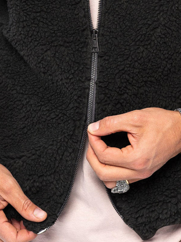 Chaqueta con capucha y cremallera cálida de color sólido de terciopelo ártico de doble cara para hombre