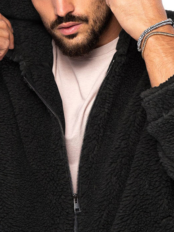 Chaqueta con capucha y cremallera cálida de color sólido de terciopelo ártico de doble cara para hombre