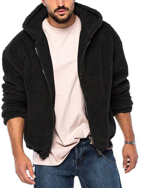 Chaqueta con capucha y cremallera cálida de color sólido de terciopelo ártico de doble cara para hombre