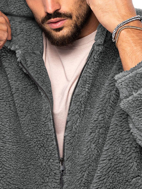 Chaqueta con capucha y cremallera cálida de color sólido de terciopelo ártico de doble cara para hombre