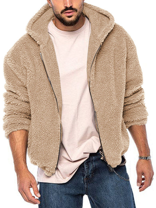 Chaqueta con capucha y cremallera cálida de color sólido de terciopelo ártico de doble cara para hombre