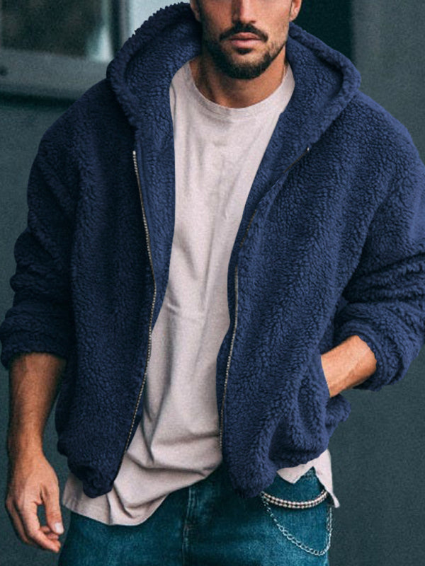Chaqueta con capucha y cremallera cálida de color sólido de terciopelo ártico de doble cara para hombre