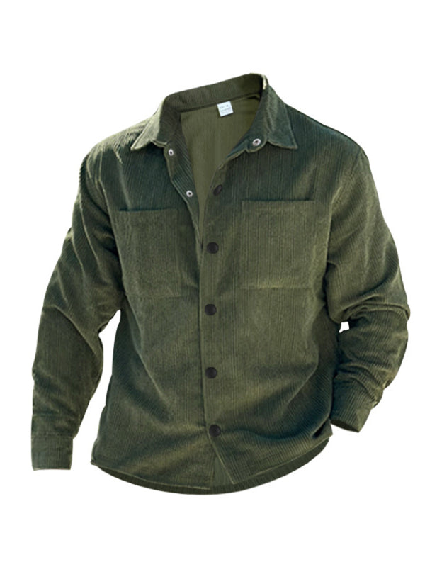 Men's new casual multi-pocket solid color corduroy button-down shirt