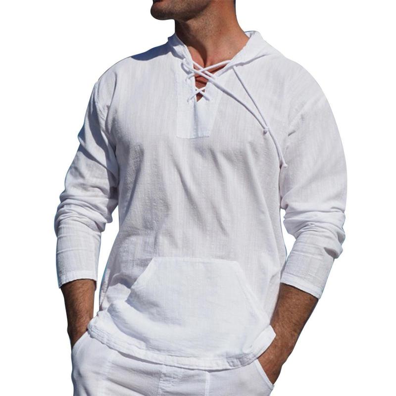 Men's casual cotton and linen tie hooded long-sleeved shirt