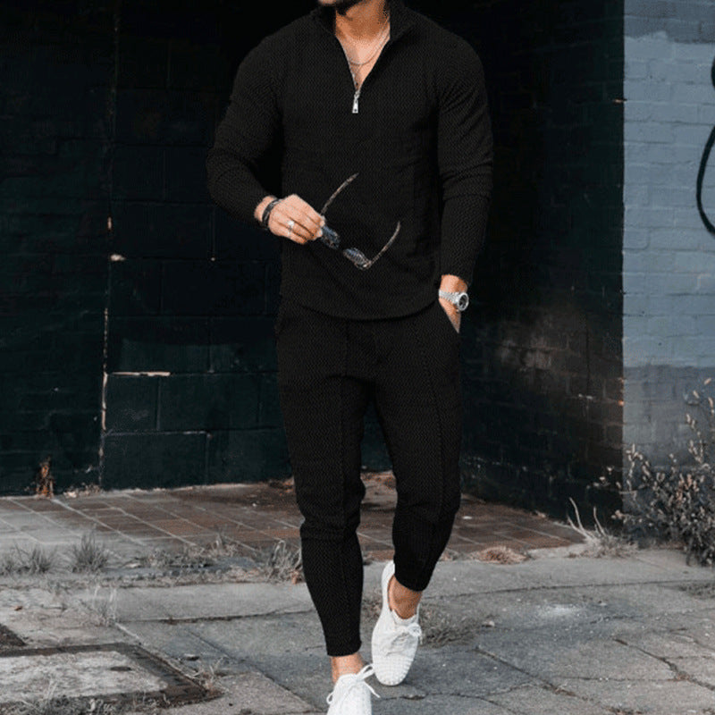 Men's Textured Casual Half Zipper Stand Collar Suit