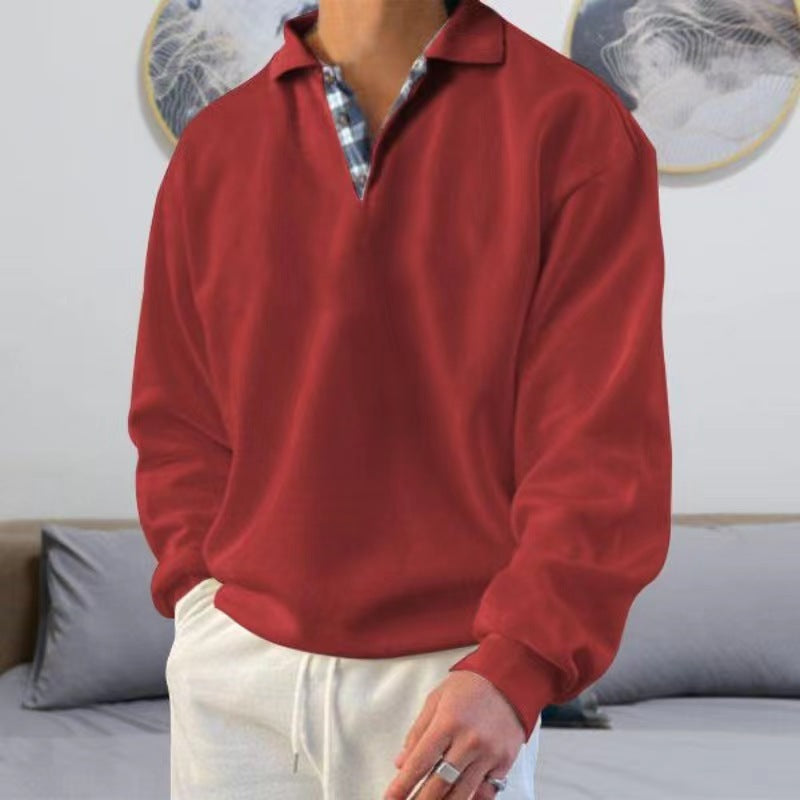 Men's solid color lapel loose long-sleeved POLO shirt