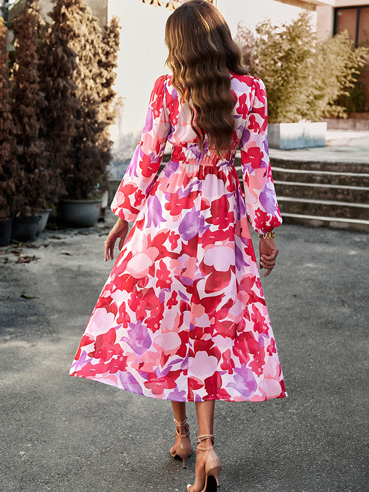 Vestido midi de manga larga con escote en V y estampado