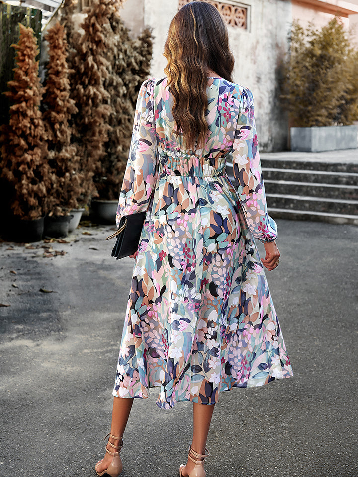 Vestido midi de manga larga con escote en V y estampado