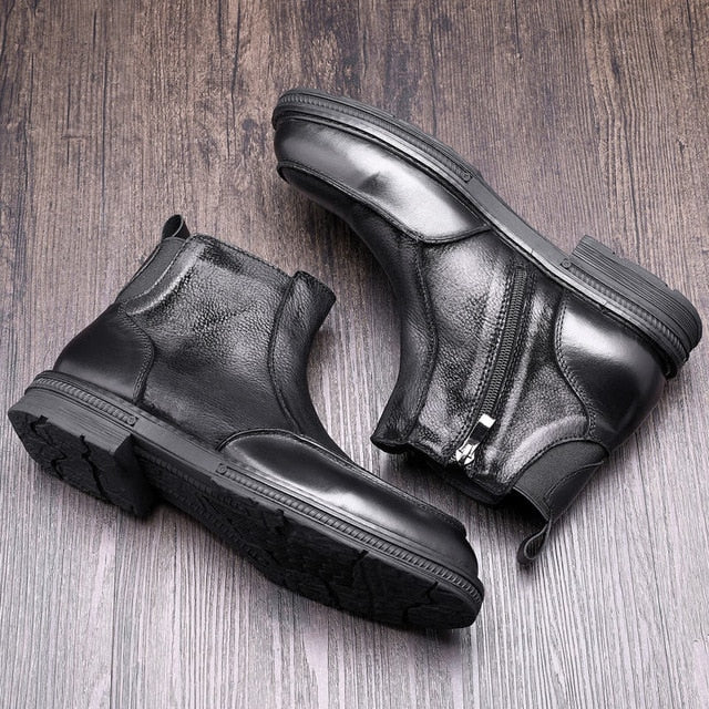 High End Boots Men Winter Shoes Full Grain Leather Chelsea Boots Business Man Elegant Zip Ankle Boots Retro
