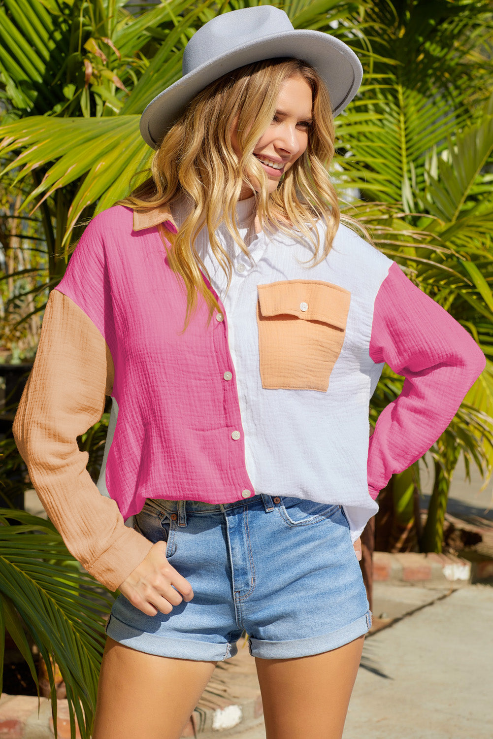 Chamarra de hombros caídos con textura de bloque de color