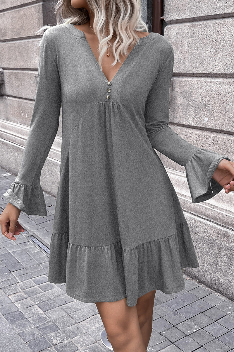 Minivestido con escote en V, mangas con volantes y dobladillo fruncido