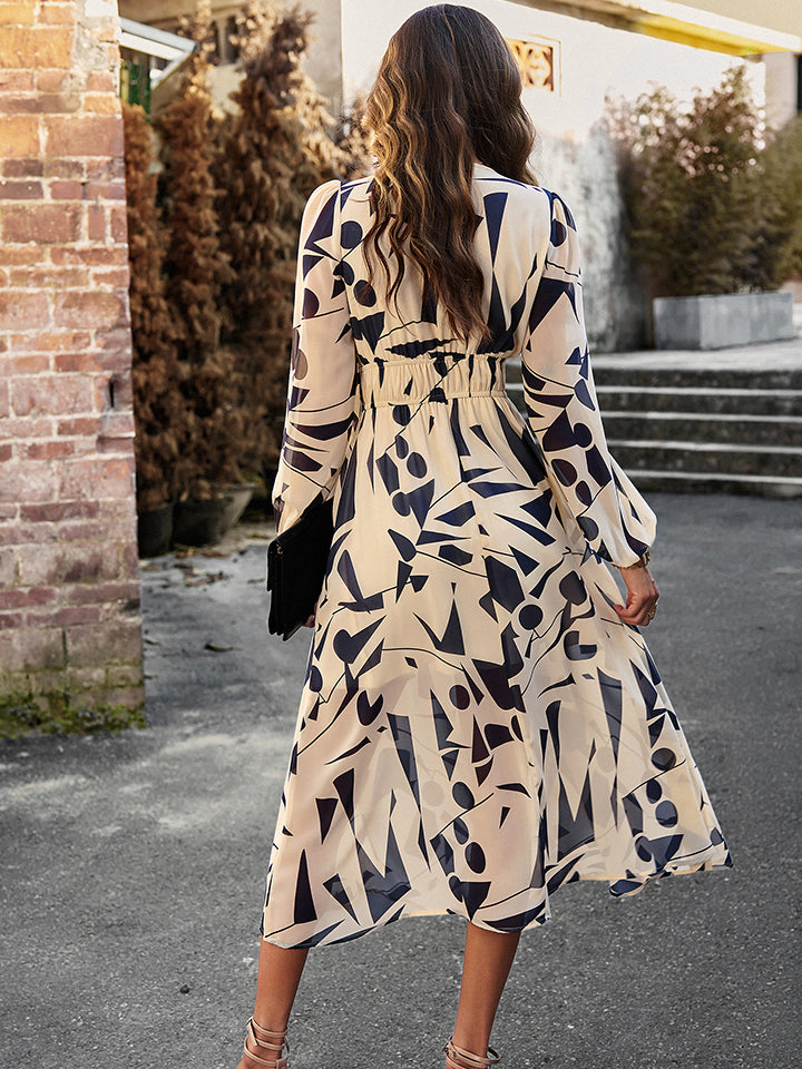 Vestido midi de manga larga con escote en V y estampado