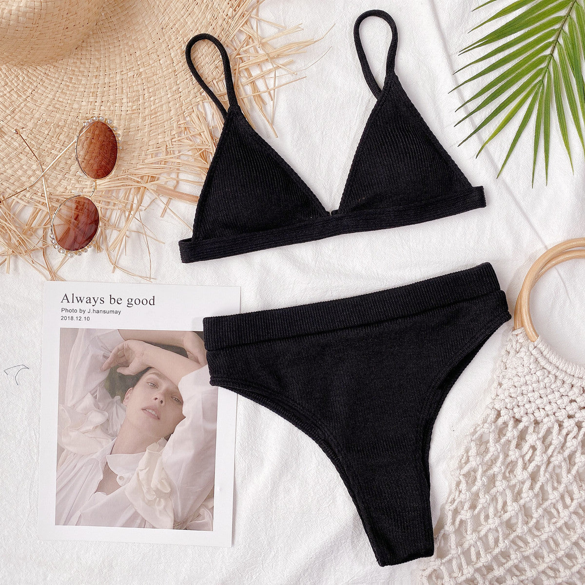 Conjunto de bikini acanalado con correa de espagueti