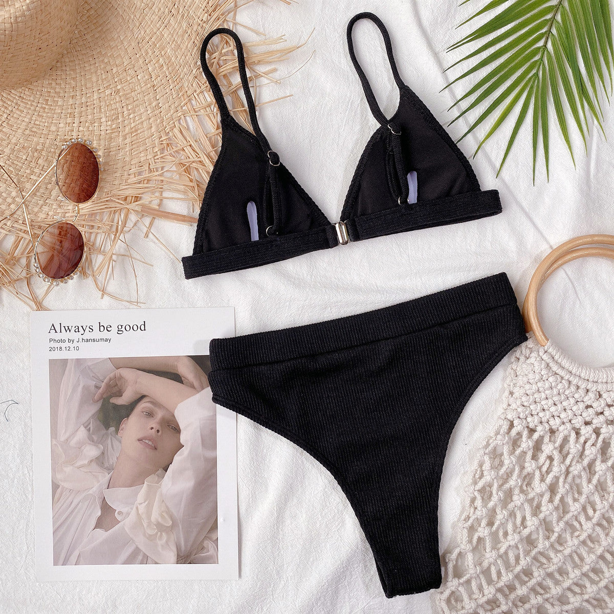 Conjunto de bikini acanalado con correa de espagueti